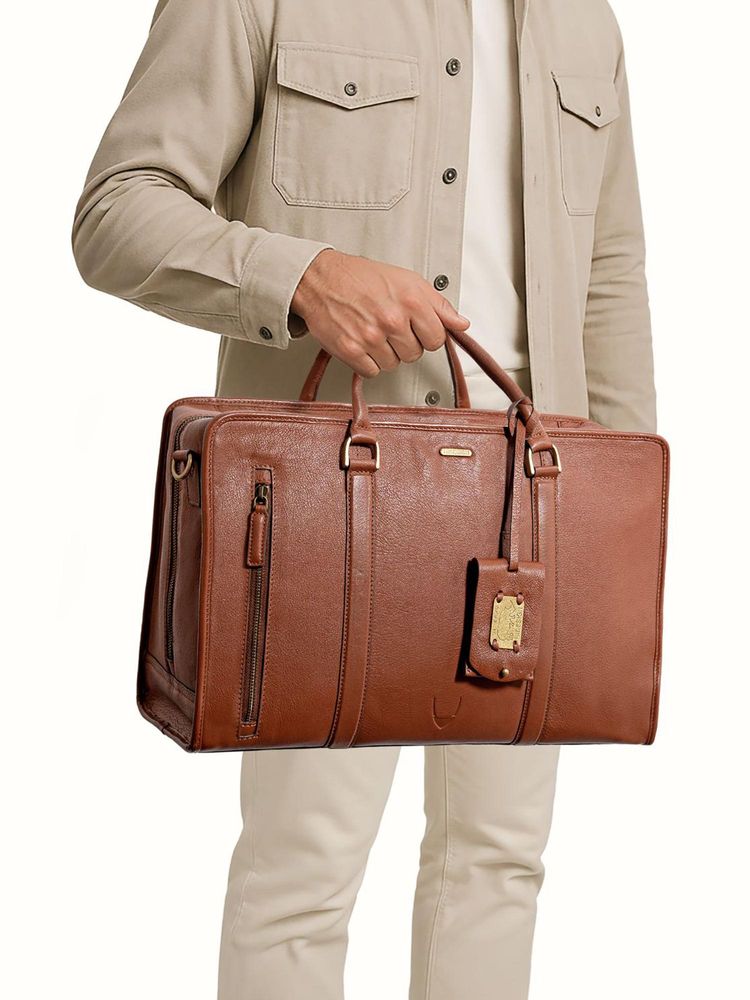 Hidesign Genuine Leather Unisex Tan Duffle Bag with Detachable Strap (L)-image-10