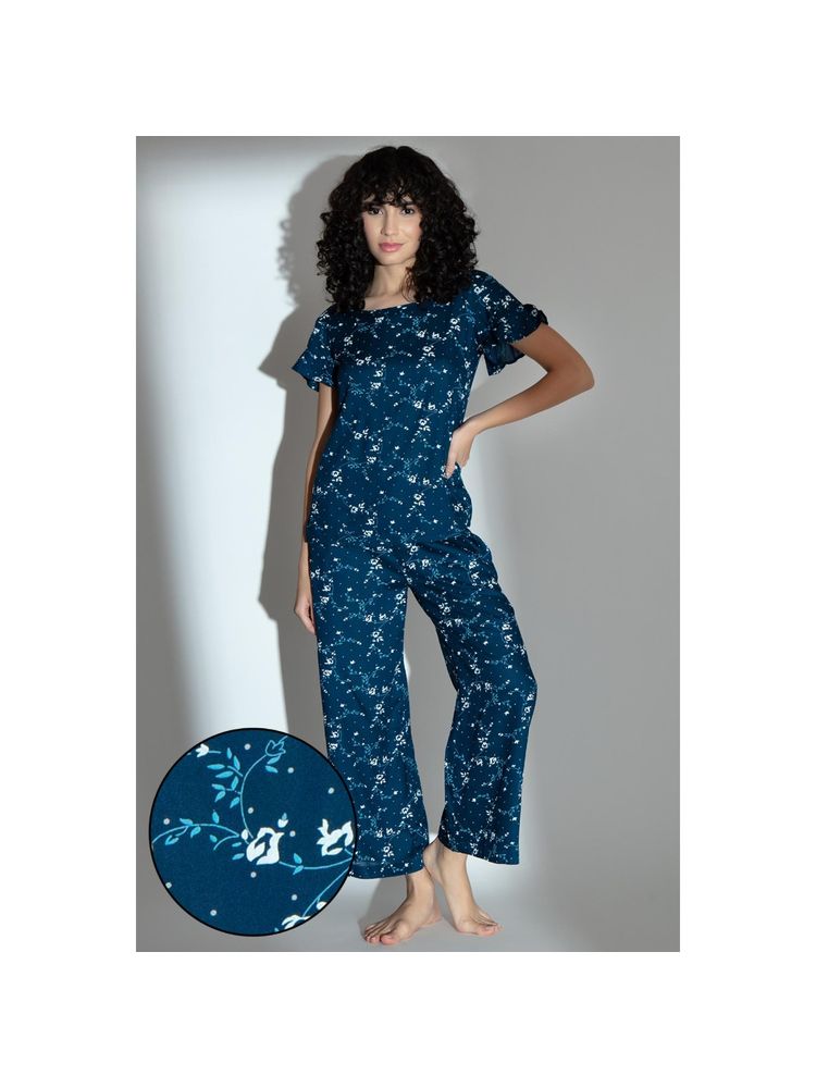 Clovia Pretty Florals Top & Pyjama in Teal Blue - Cotton Rich-picture-28
