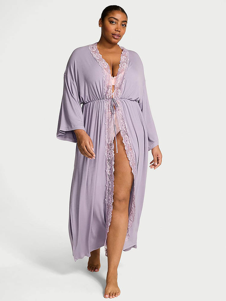 victoria's secret intimates Victoria's Secret Purple Ribbed Modal Lace-Trim Long Robe-picture-26