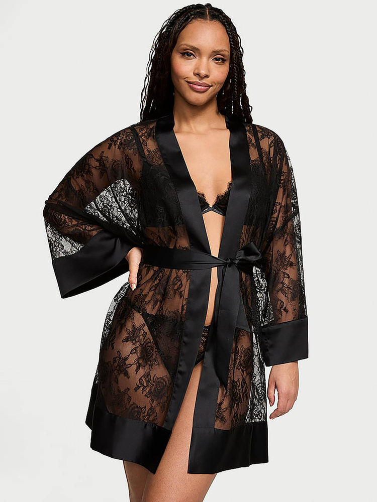 Victoria's Secret Black Rose Lace Satin-Trim Short Robe
