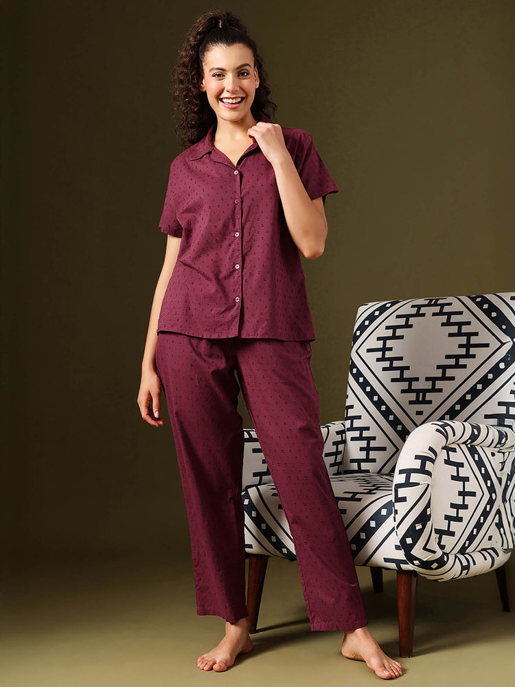 Clovia Wine Cotton Dobby Weave Button-Down Shirt and Pyjama-picture-23