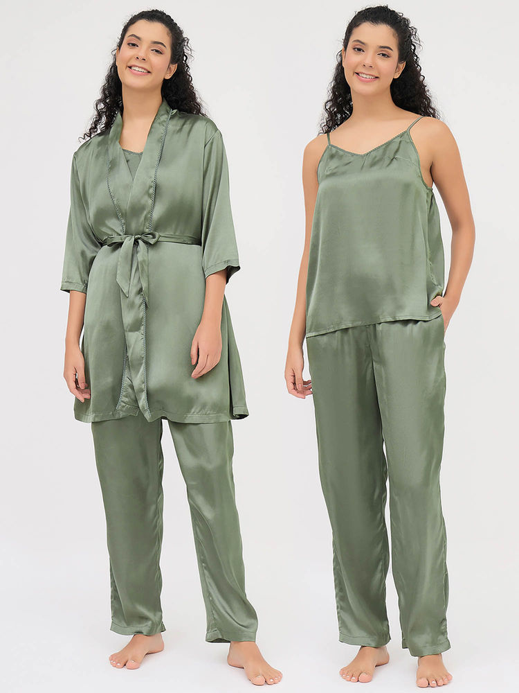 Clovia Green 3 Pc Nightwear Satin Solid Robe with Camisole & Pyjama-picture-25