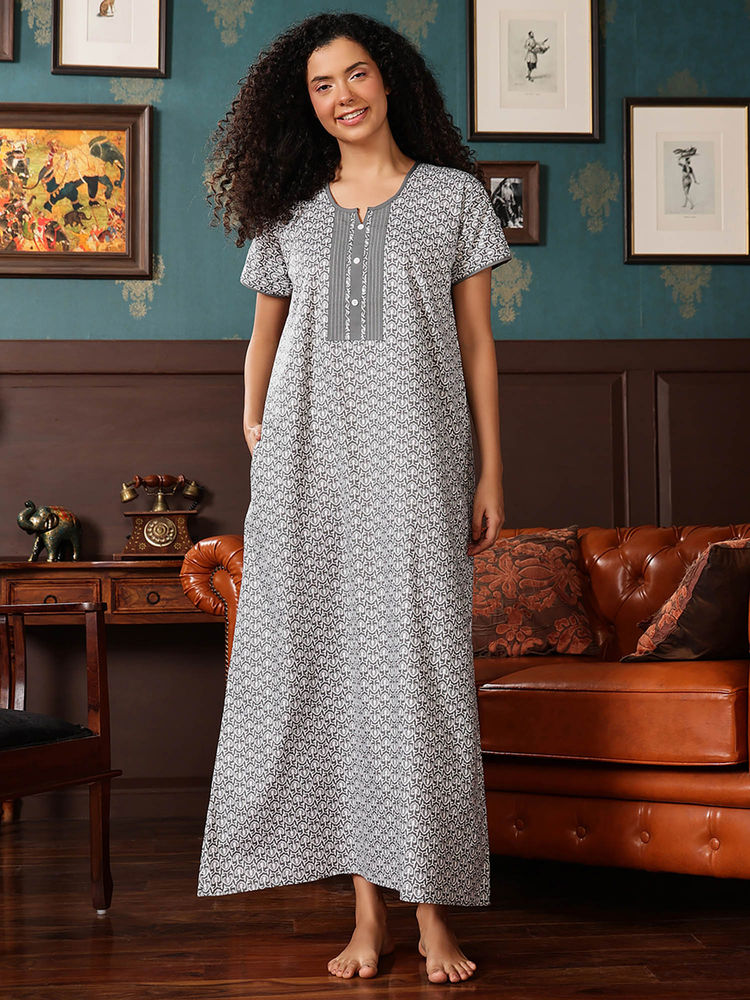 Clovia Grey Cotton Printed Long Nighty-picture-29