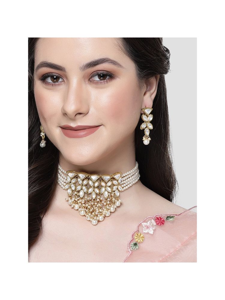 Karatcart Gold Plated Pearl Studded Kundan Choker Necklace Set for Women-picture-48