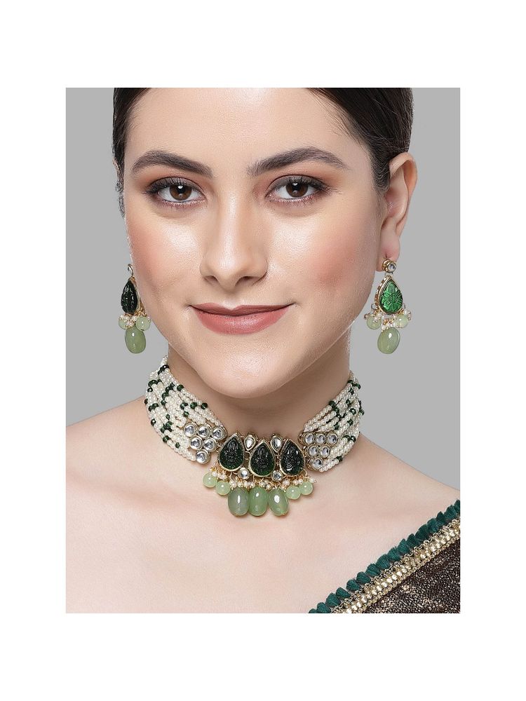 Karatcart Green Carved Stone Studded Pearl Beaded Kundan Choker Necklace Set for Women-picture-20