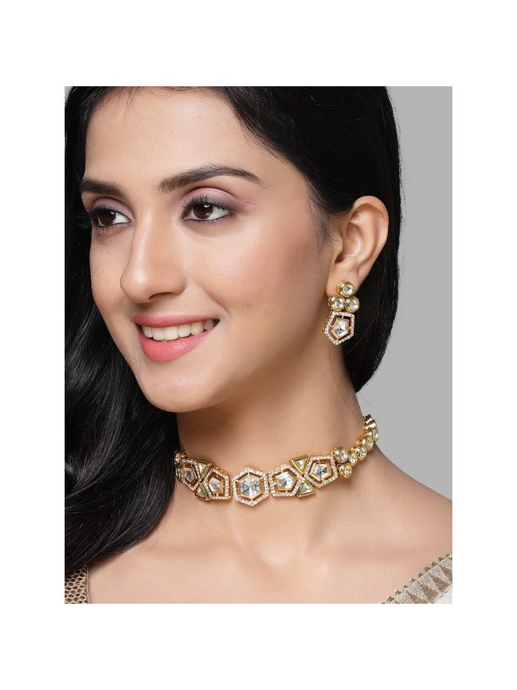 Karatcart Gold Plated Polki Kundan Choker Necklace Set for Women-picture-27