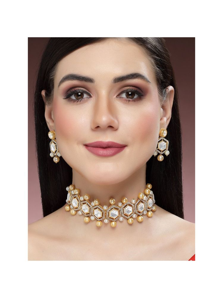 Karatcart Golden Pearl Studded Polki Kundan Choker Necklace Set for Women-picture-23