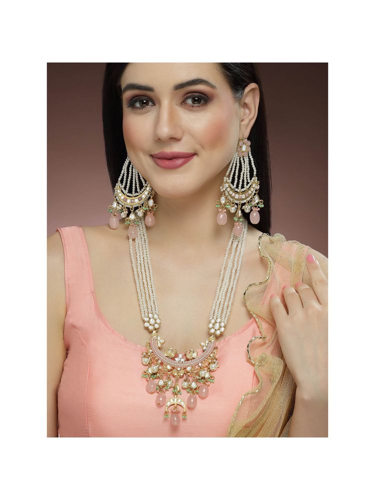 Karatcart Gold Plated Pink Tumble Kundan Rani Haar Necklace Set for Women-picture-21