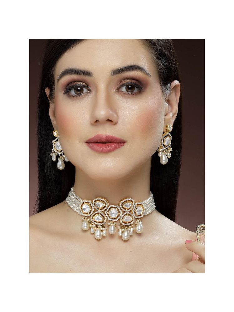 Karatcart Pearl Beaded Polki Kundan Choker Necklace Set for Women-picture-11