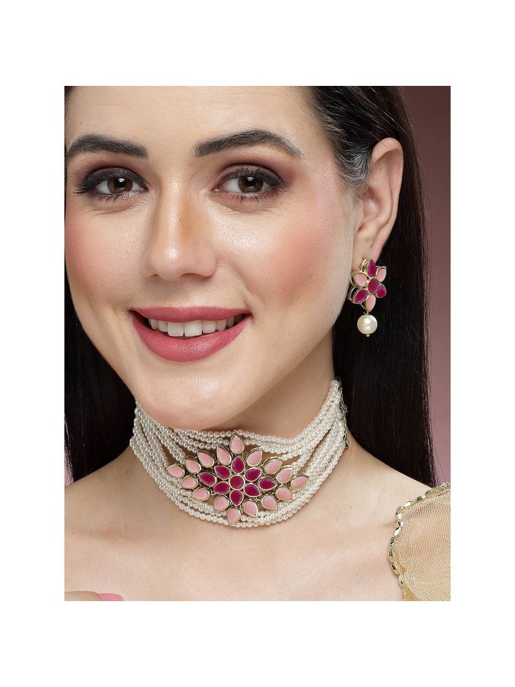 Karatcart Gold Plated Pearl Beaded Royal Pink Kundan Stone Choker Necklace Set-picture-49