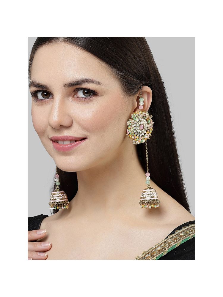 Karatcart Gold Plated Multicolor Crystal Studded Kundan Kaanchain Jhumki Earrings-picture-27