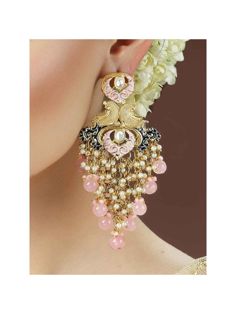 Karatcart Gold Plated Pink Beads Kundan Drop Earrings for Women-picture-27