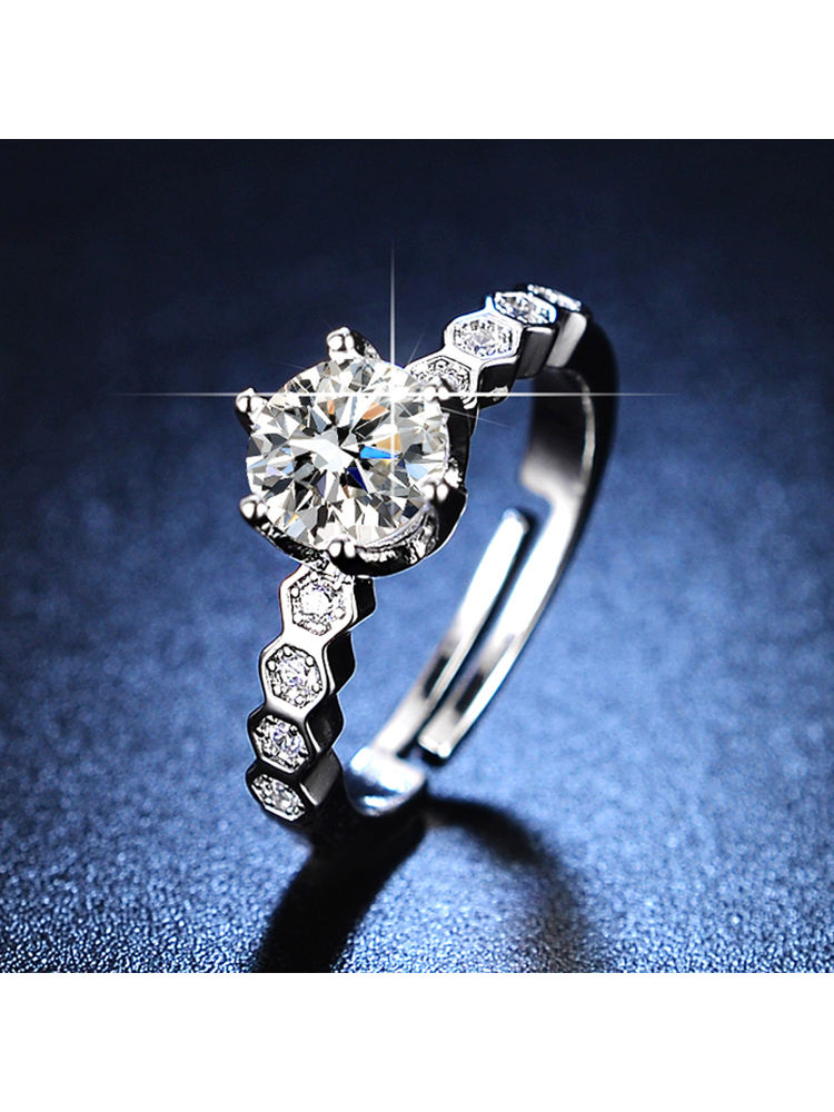 Designs & You Silver Plated American Diamond Studded Hexagonal Solitaire Adjustable Finger Ring-image-35