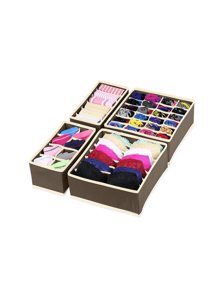 House of Quirk Foldable Storage Box Drawer Divider Organizer Closet Storage Brown (Pack of 4)-image-3