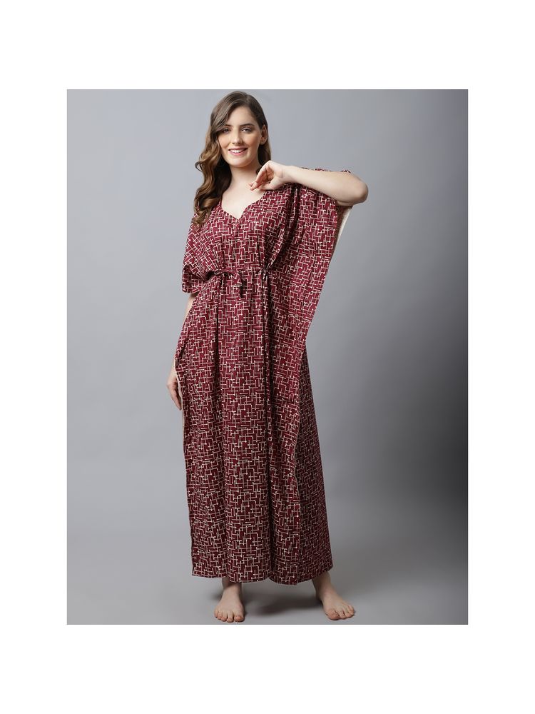Secret Wish Maroon Printed Cotton Kaftan Nighty-image-5