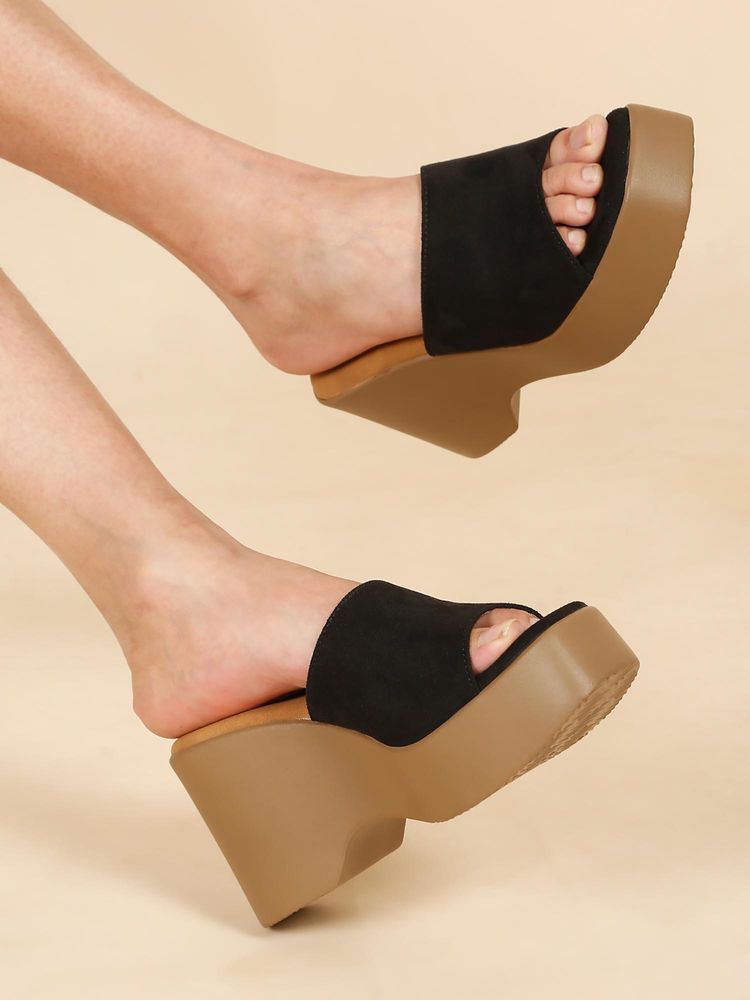 Flat n Heels Women Black Wedges Heels-picture-4