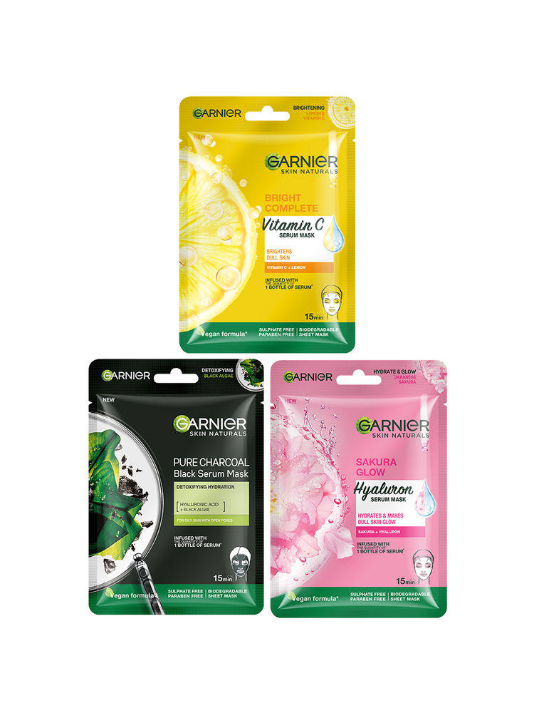 Garnier Skin Naturals Pack of 3 Face Serum Sheet Mask - Bright Complete + Charcoal + Sakura