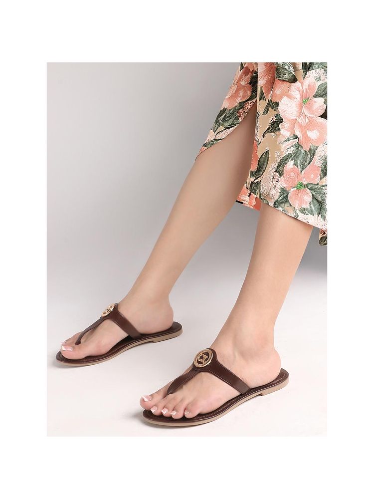 Carlton London Elegant Brown Embellished T-Straps Flats-image-23