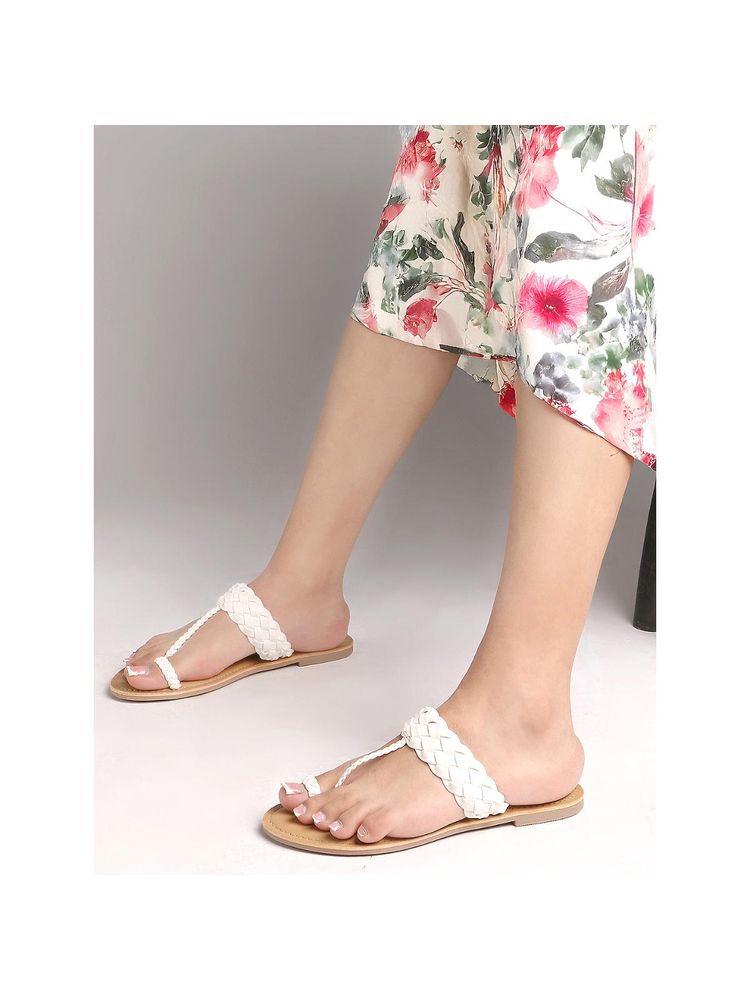 Carlton London Women White Braided Strap Toe-Ring Flats-image-3