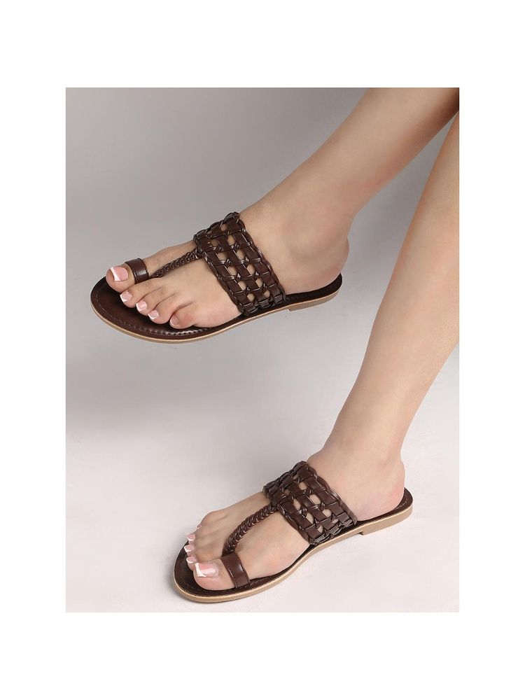 Carlton London Women Brown Intricate Weave Toe-Ring Flats-image-29