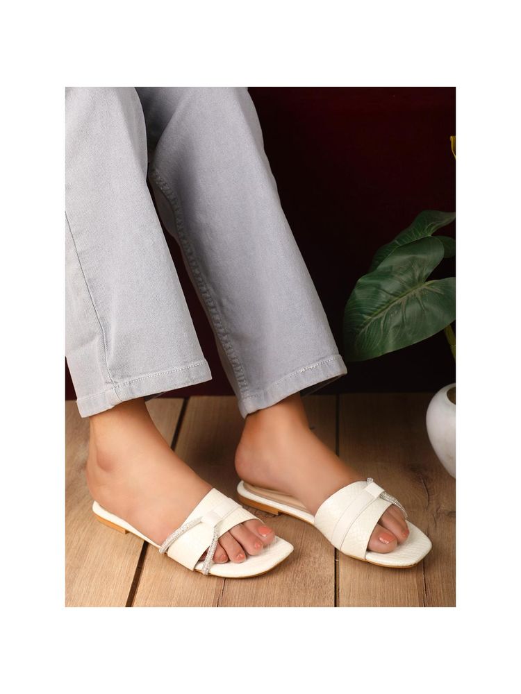 ELLE Women White Textured Strapped Square-Toe Flat-image-18