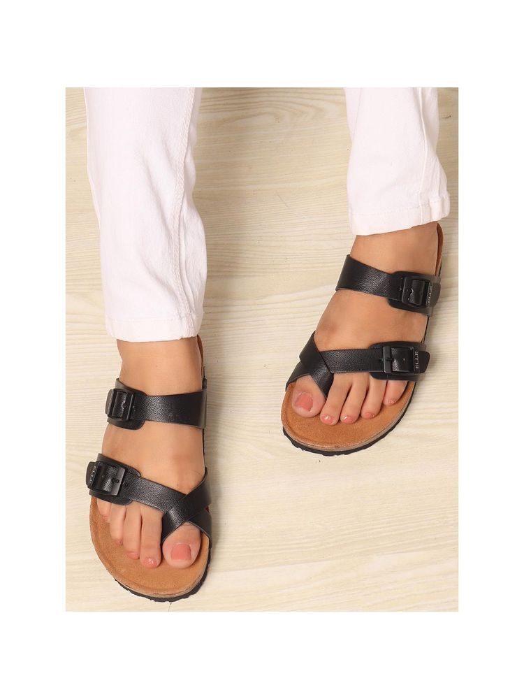 ELLE Women Black Ergonomic Toe-Loop Buckle Sandals-image-45