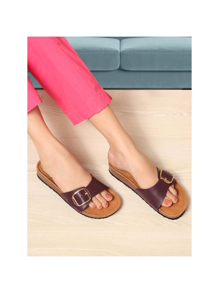 ELLE Women Wine Bold Buckle Comfort Slide Sandals-image-1