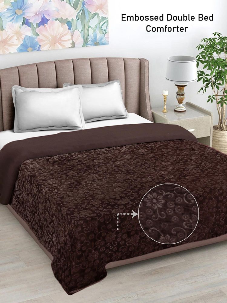 FABINALIV Coffee Floral Mild Winter 500 Gsm Embossed Woollen Double Bed Comforter King-image-9