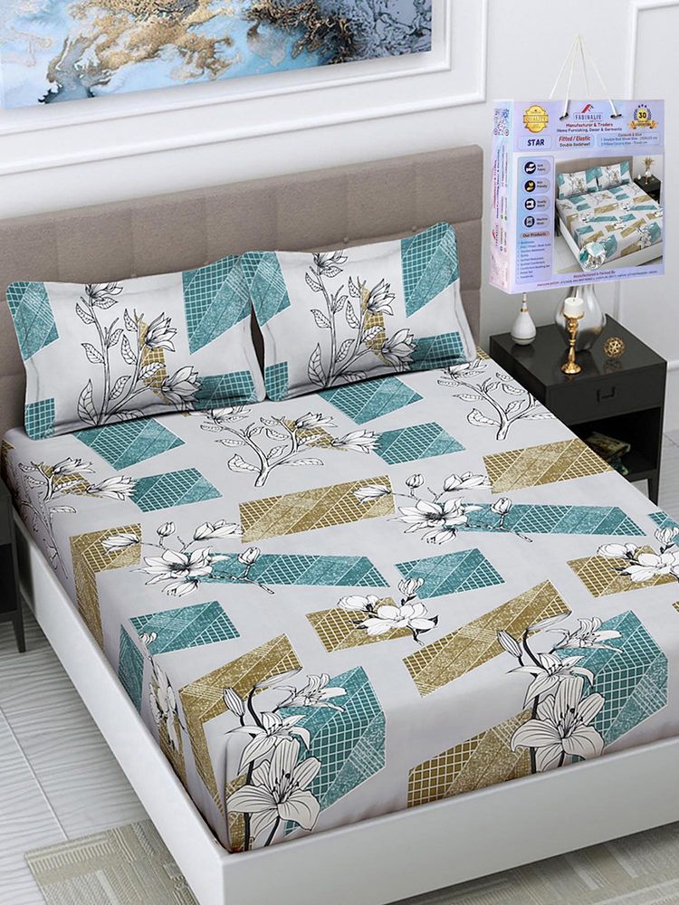 FABINALIV Multicolor Geometric Cotton King Fitted Double Bedsheet with 2 Pillow Covers-picture-16