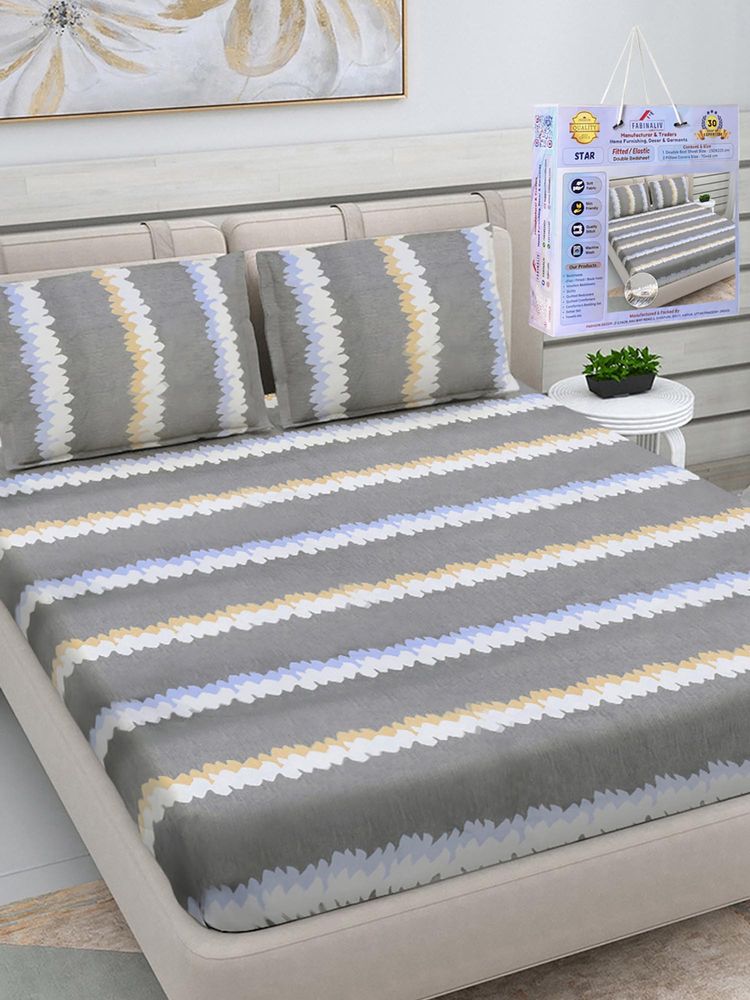 FABINALIV Multicolor Striped Cotton King Fitted Packing Double Bedsheet with 2 Pillow Covers-image-5
