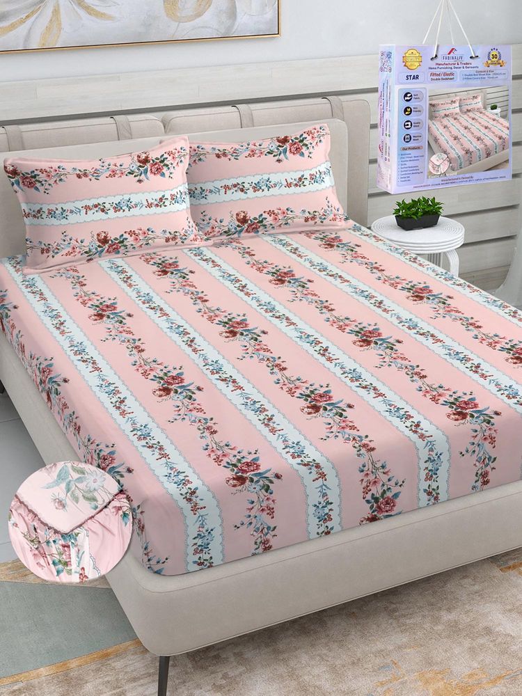 FABINALIV Pink Floral Cotton King Fitted Packing Double Bedsheet with 2 Pillow Covers-image-31