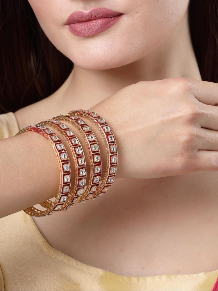 Gahan Womens Gold Plated Red Kundan Studded Traditional Bangles (Pack of 4)-picture-11