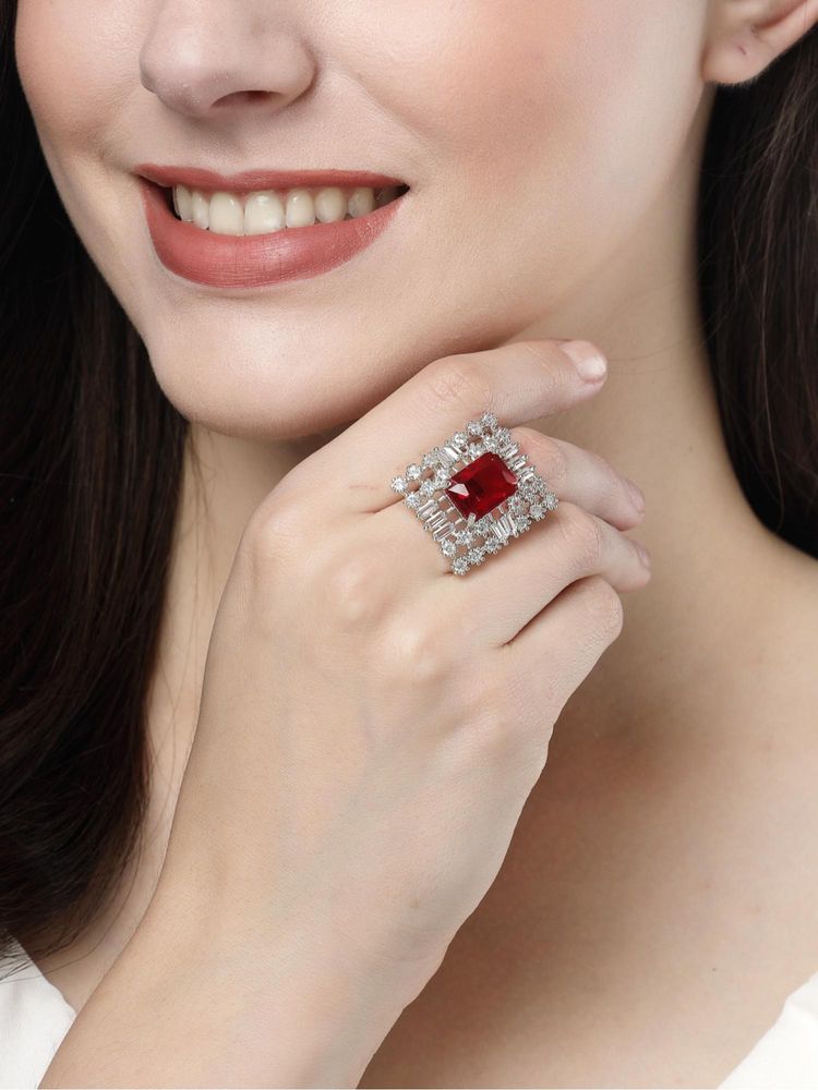 Gahan Womens Red & Silver CZ Studded Square Shaped Adjustable Finger Ring-picture-0