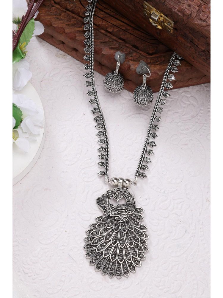 Gahan Womens Silver Toned Peacock Design Oxidized Necklace with Jhumka Earrings-picture-10