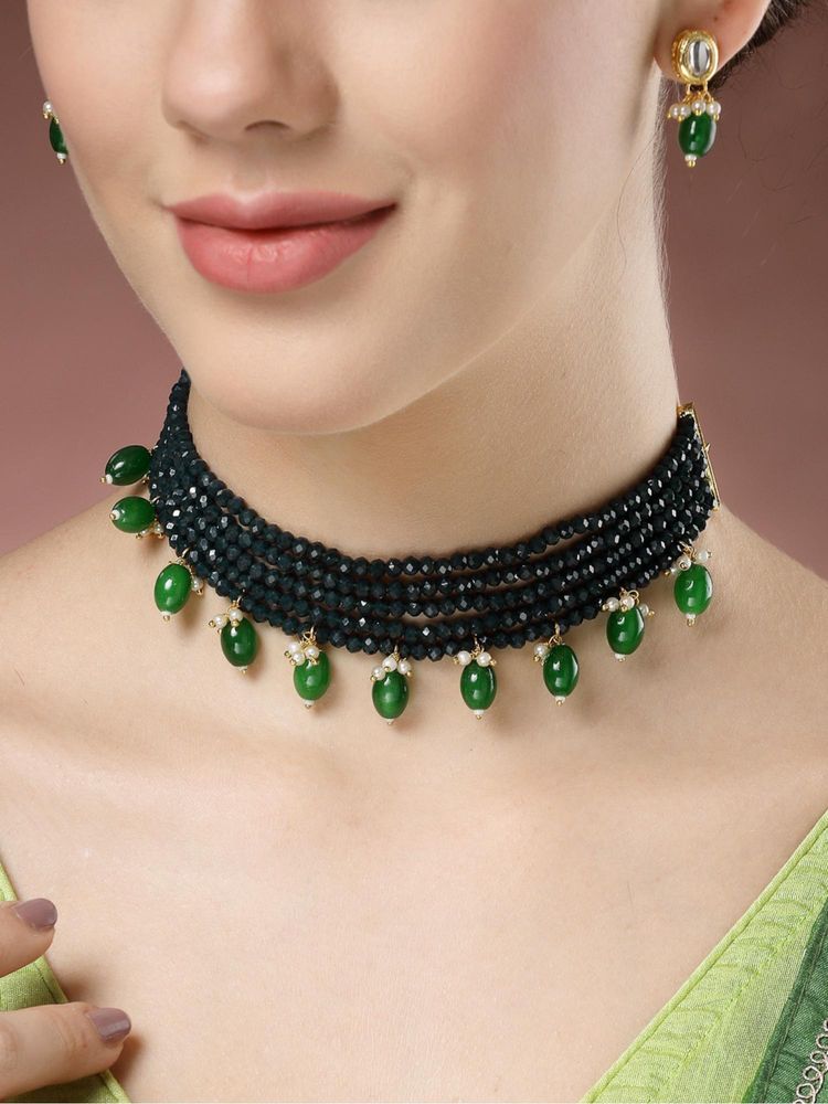 Gahan Womens Green Artificial Beads Layered Necklace with Drop Earrings-picture-5
