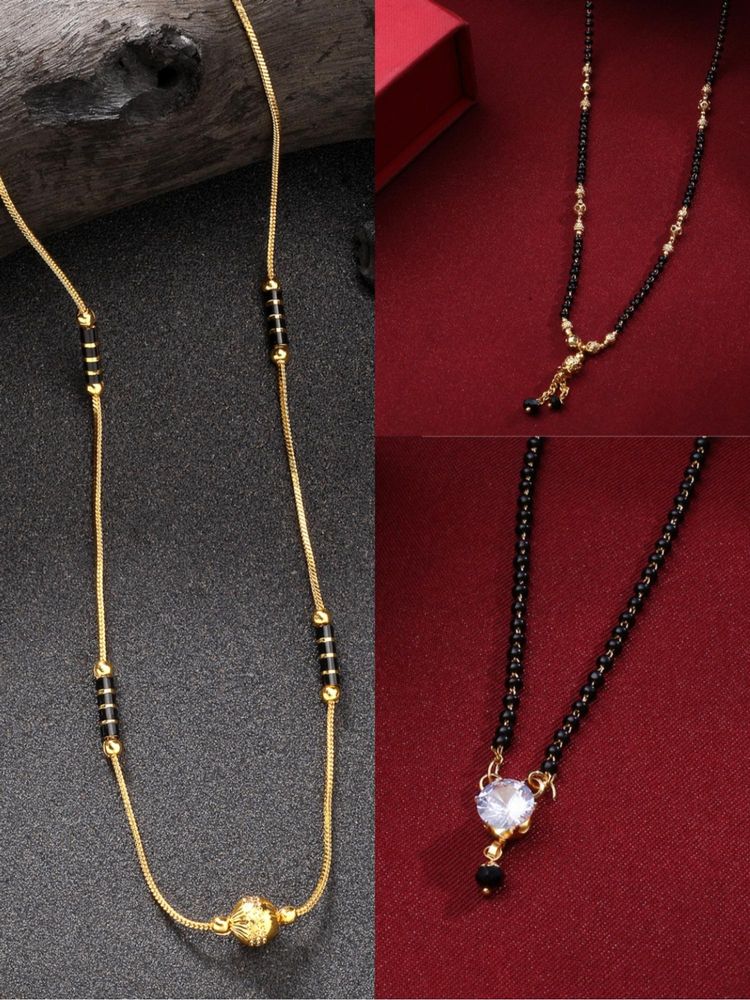 Gahan Womens Gold Plated CZ Stone Studded & Beaded Mangalsutra (Pack of 3)-picture-15