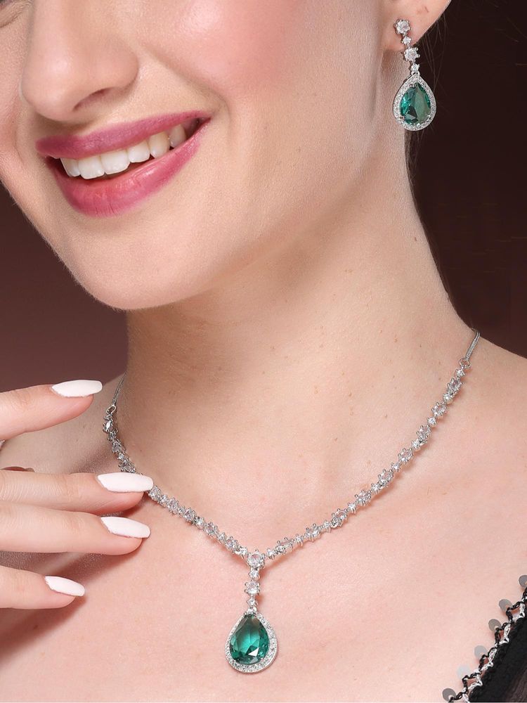 Gahan Womens Silver Plated Green American Diamond Studded Handcrafted Jewellery Set-image-14