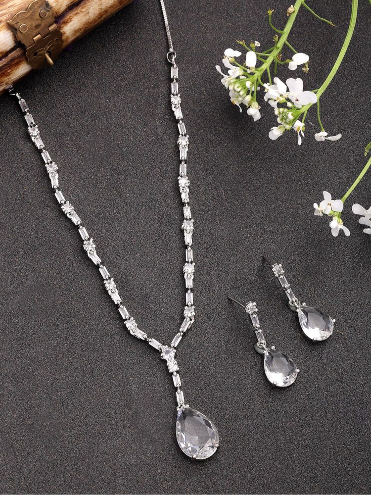 Gahan Womens Silver Plated White American Diamond Studded Handcrafted Jewellery Set-picture-2