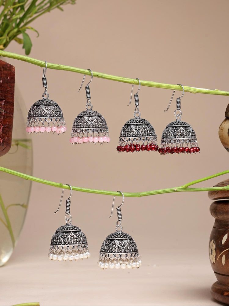 Gahan Womens Oxidized Silver Multi-Color Artificial Beads Jhumka Earrings (Pack of 3)-picture-17