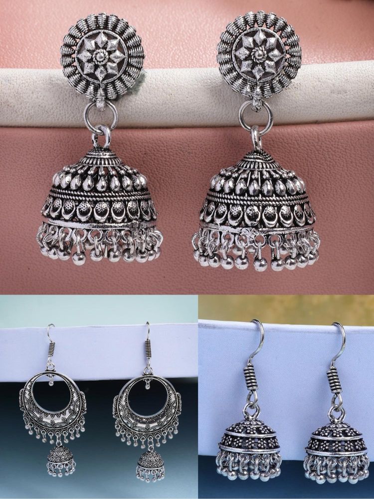 Gahan Womens Silver Plated Oxidized Traditional Jhumka Earrings (Pack of 3)-picture-18