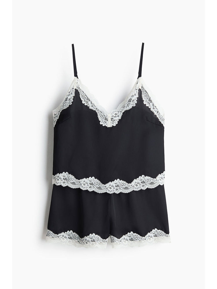 H&M Women Black Lace-Trimmed Satin Pyjamas-picture-25