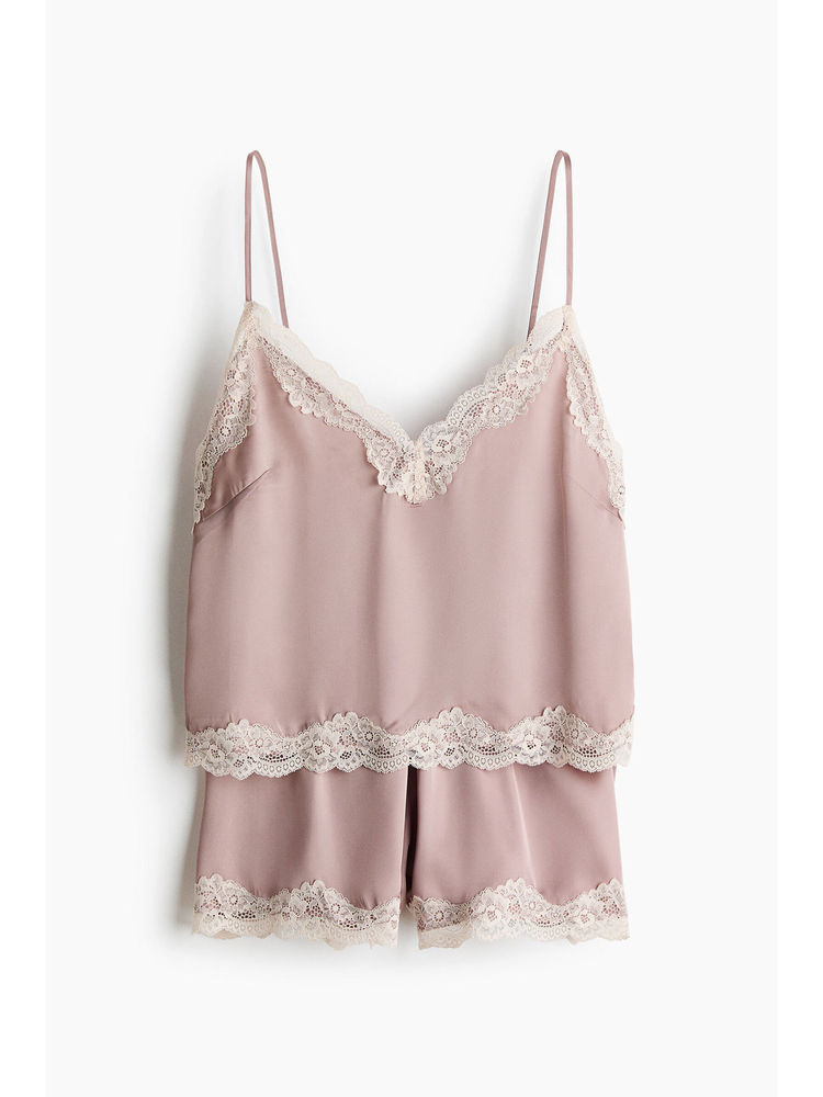 H&M Women Beige Lace-Trimmed Satin Pyjamas-picture-19