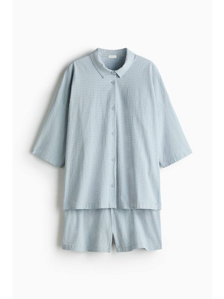 H&M Women Blue Cotton Seersucker Pyjamas-image-11