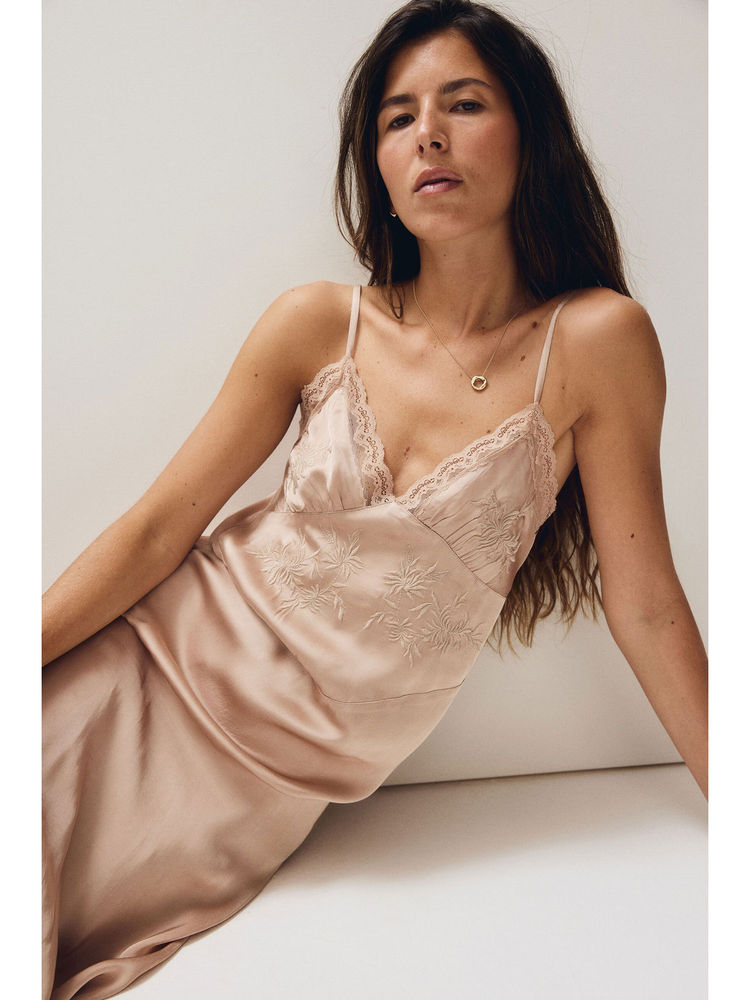 H&M Women Beige Embroidered Viscose Satin Nightslip-picture-37