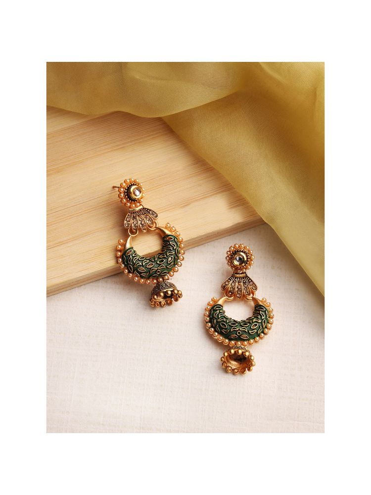 Aatmana Green and Gold Toned Dome Shaped Jhumka Earrings-picture-16