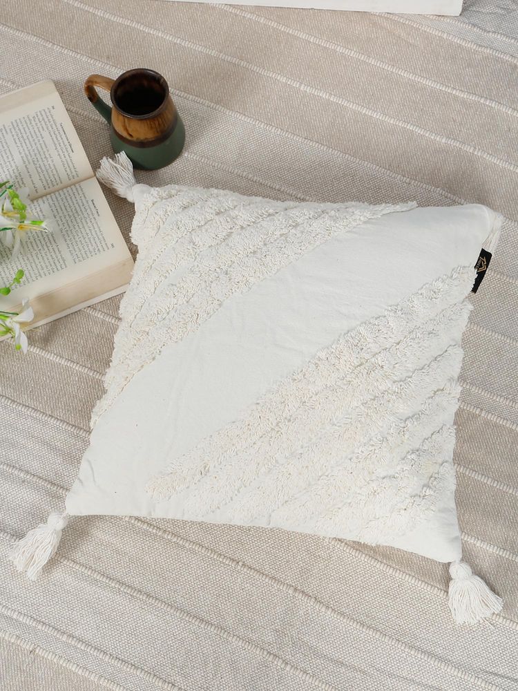 HOSTA HOMES Pure Cotton Hand Tufted Tessel Cushion Cover - White (16x16 Inches)-picture-13