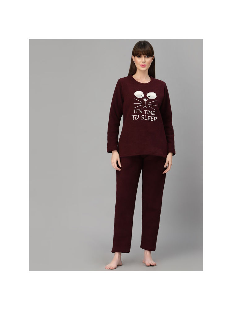 Sweet Dreams Round Neck Full Sleeve Polar Fleece Winter Nightsuit-Maroon (Set of 2)-picture-10