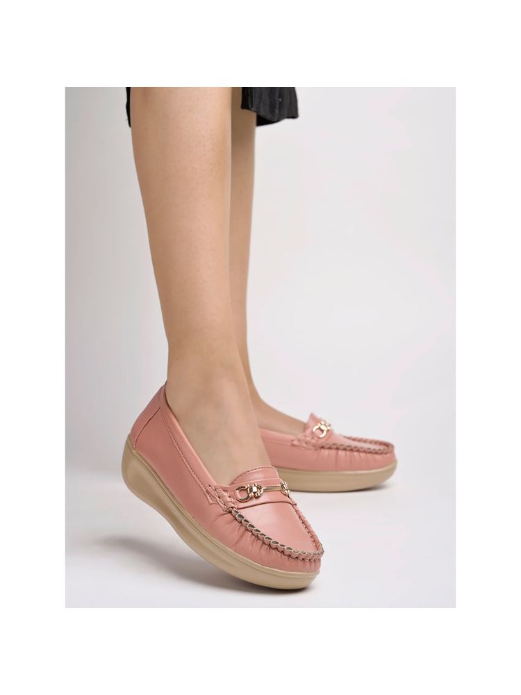 Shoetopia Upper Metallic Buckle Detailed Peach Loafers for Women-picture-26