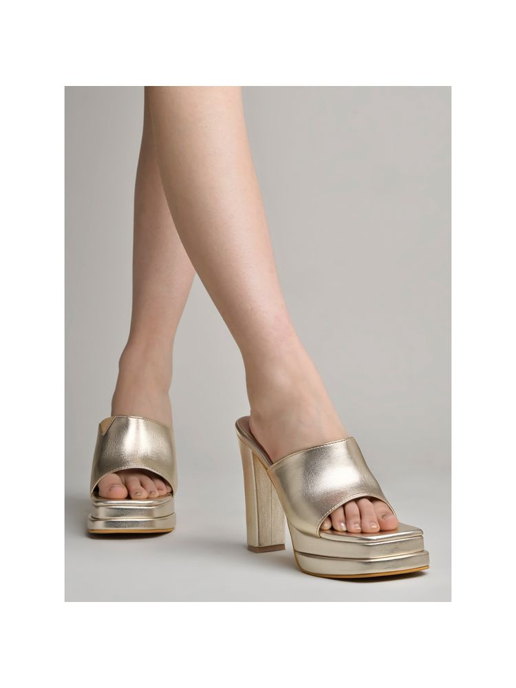 Shoetopia Stylish Solid Golden Block Heels-image-11
