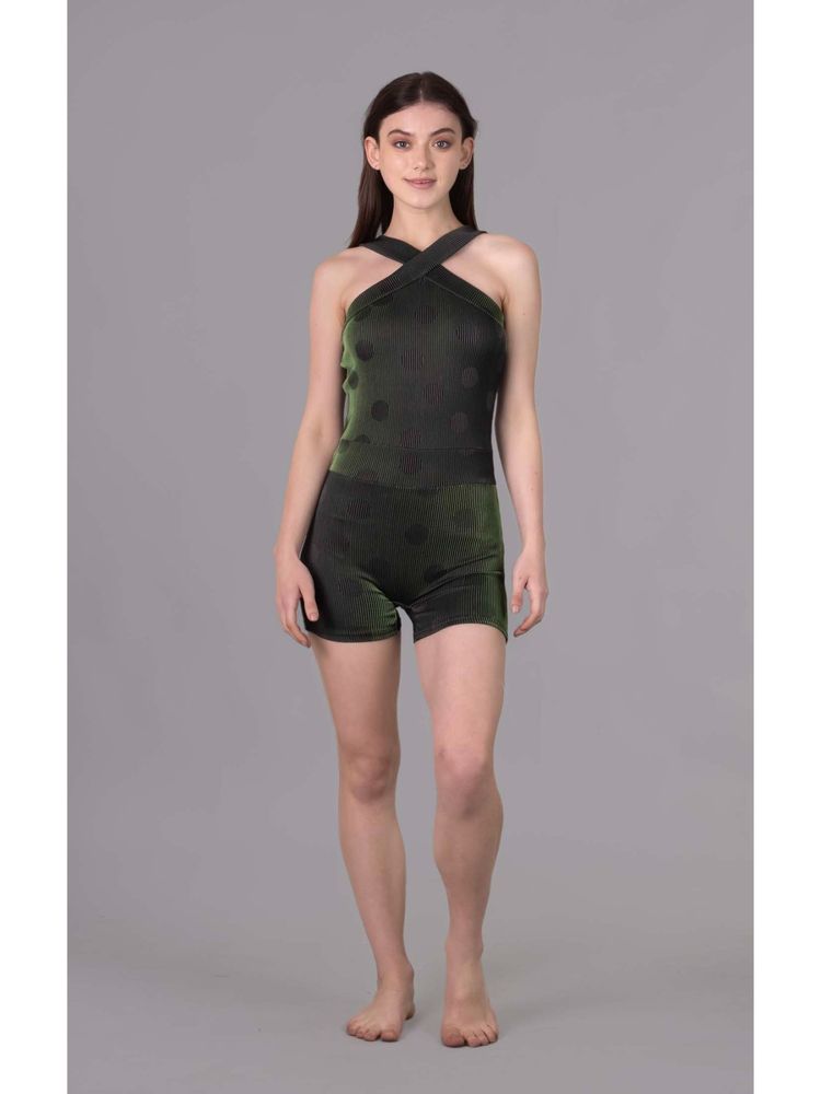 Keepfit Front Crossover Printed Ribbed Padded Seaweed Green Legsuit for Women-image-16